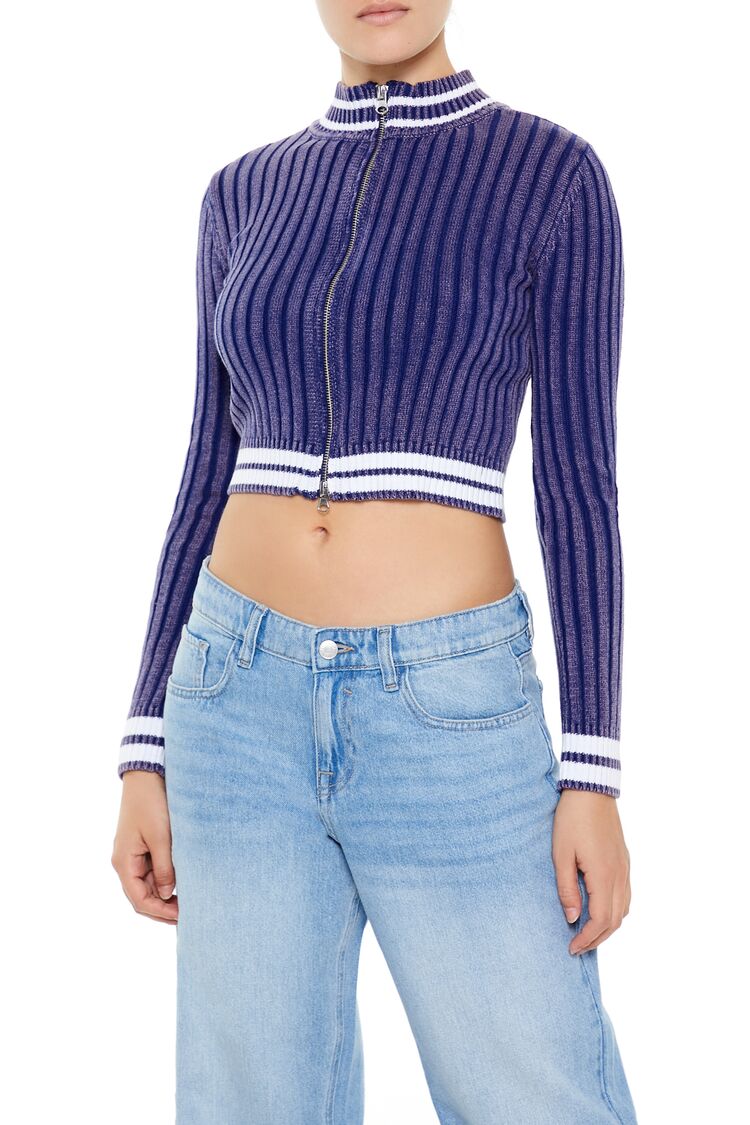  Forever 21 Varsity-Striped Zip-Up Sweater - colony blue white - Bonton