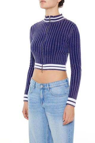 Varsity-Striped Zip-Up Sweater