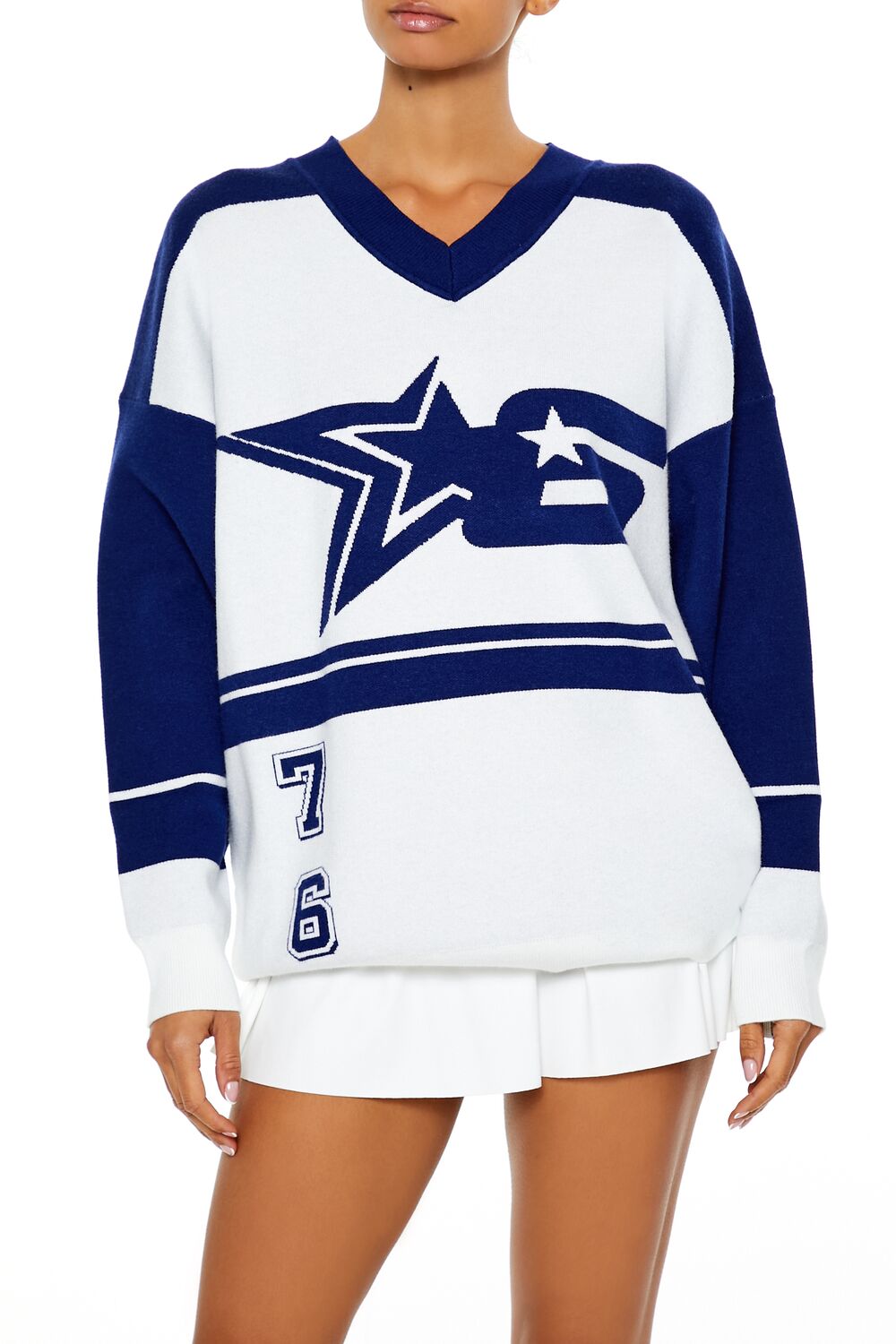  Forever 21 Colorblock Star 6 Sweater - white blue - Bonton