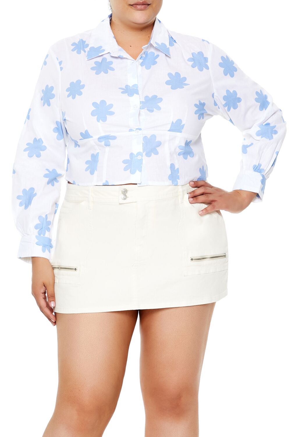  Forever 21 Plus Size Floral Print Cropped Shirt - white blue - Bonton