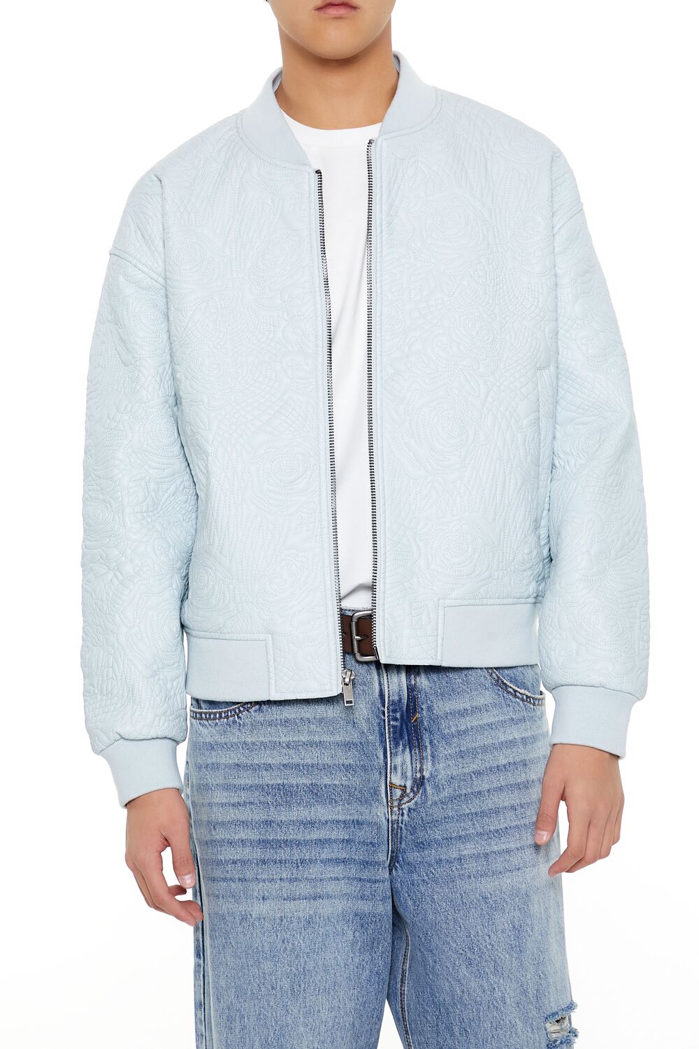  Forever 21 Embossed Rose Bomber Jacket - baby-blue-swatch - Bonton