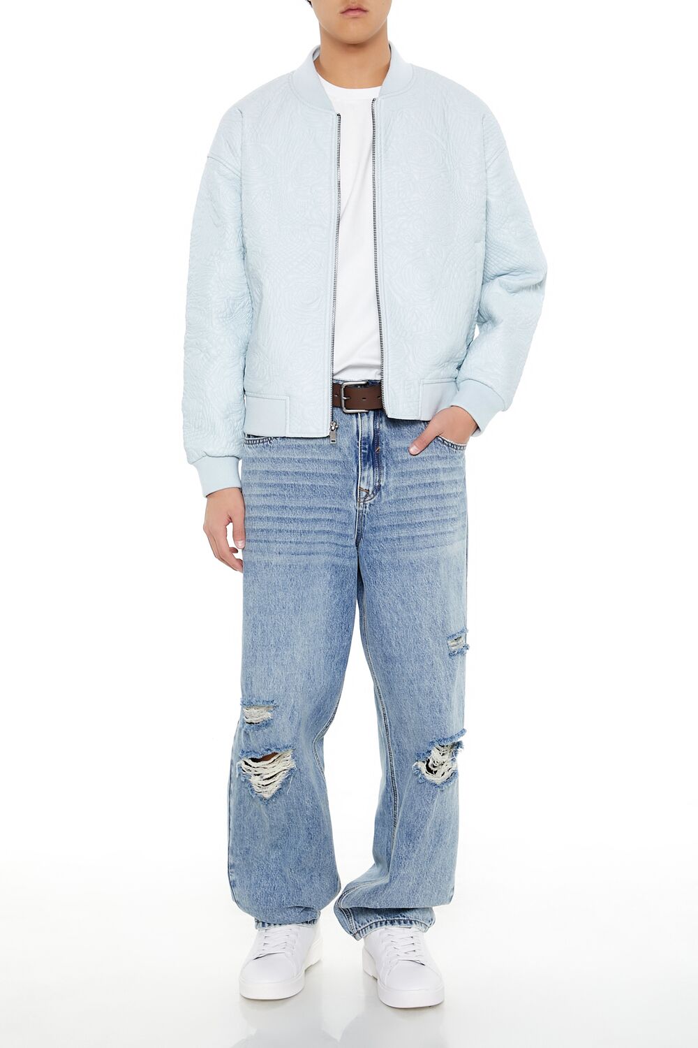  Forever 21 Embossed Rose Bomber Jacket - baby-blue-swatch - Bonton