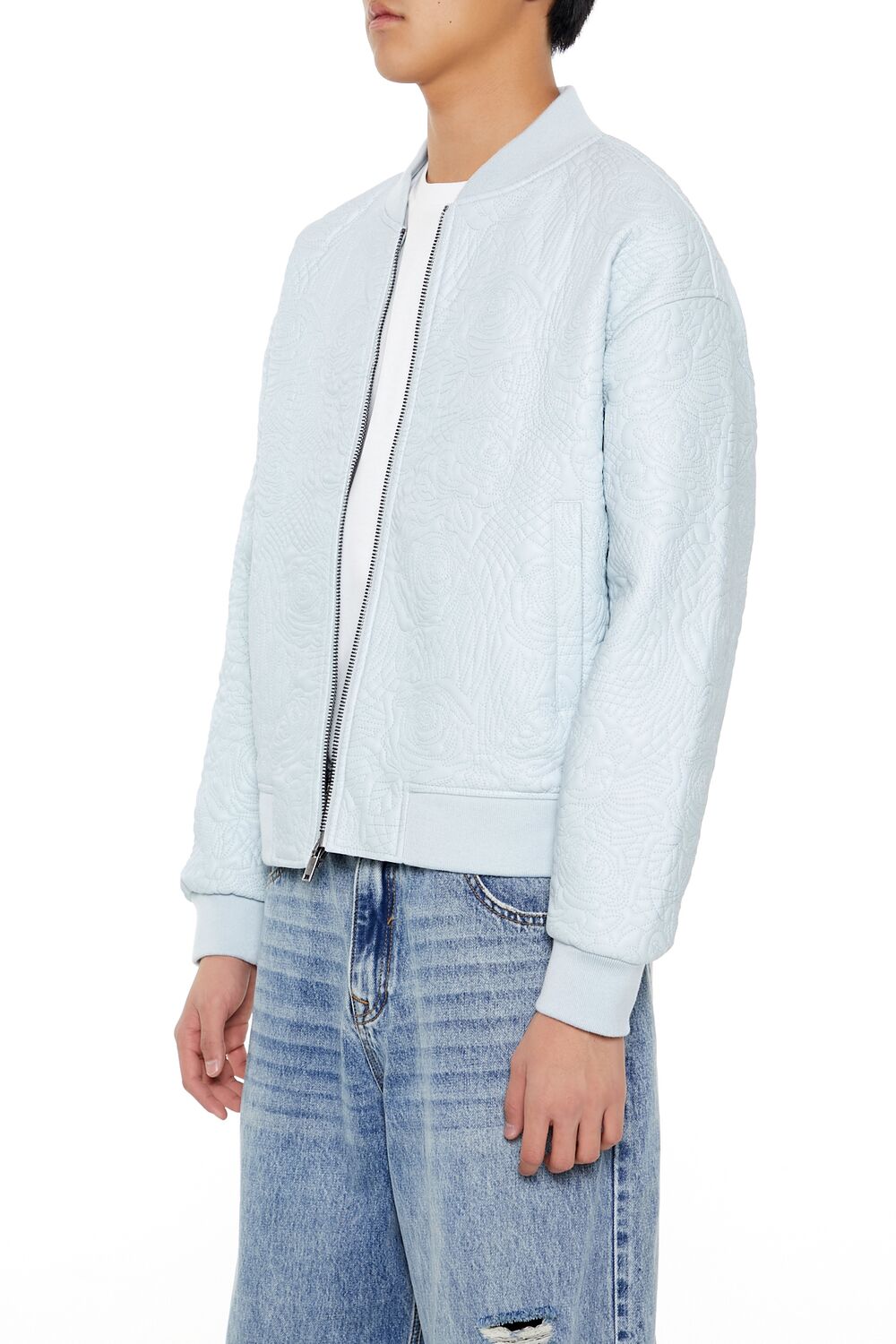  Forever 21 Embossed Rose Bomber Jacket - baby-blue-swatch - Bonton