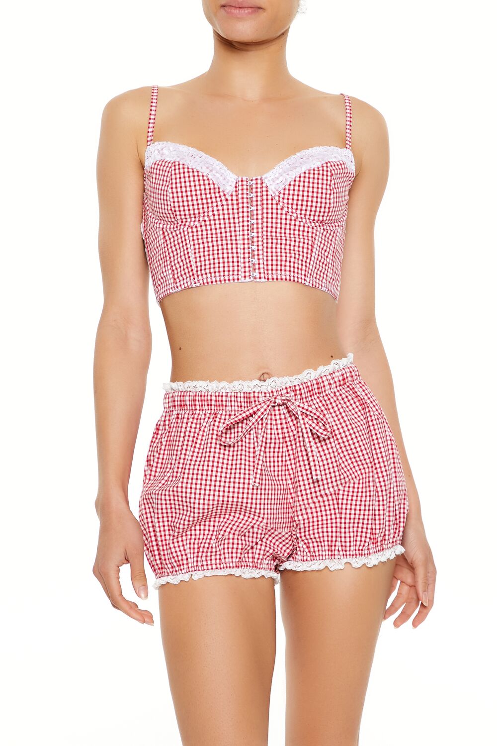  Forever 21 Gingham Lingerie Cropped Cami - red-multi - Bonton