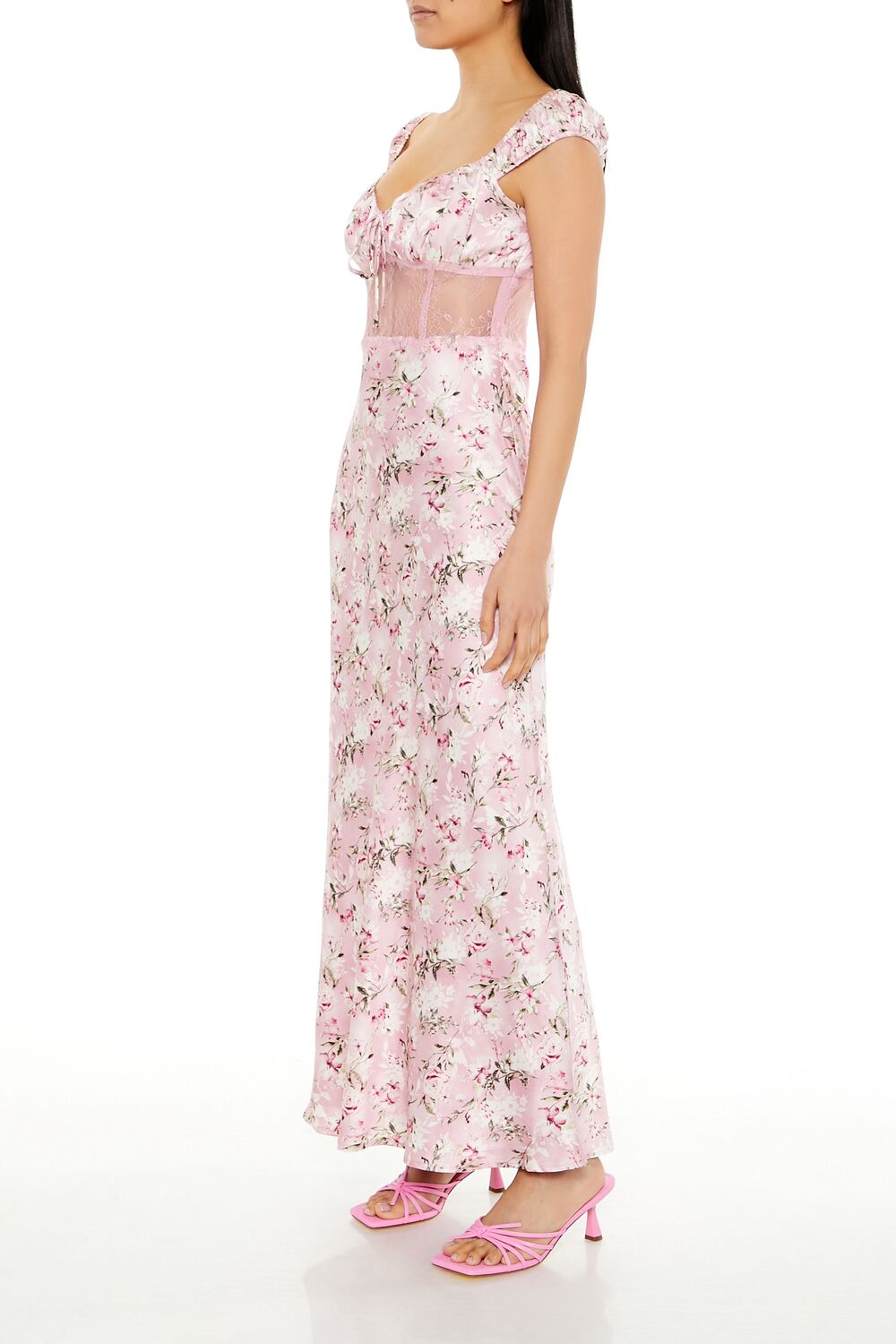  Forever 21 Lace-Trim Satin Floral Maxi Dress - pink-multi - Bonton