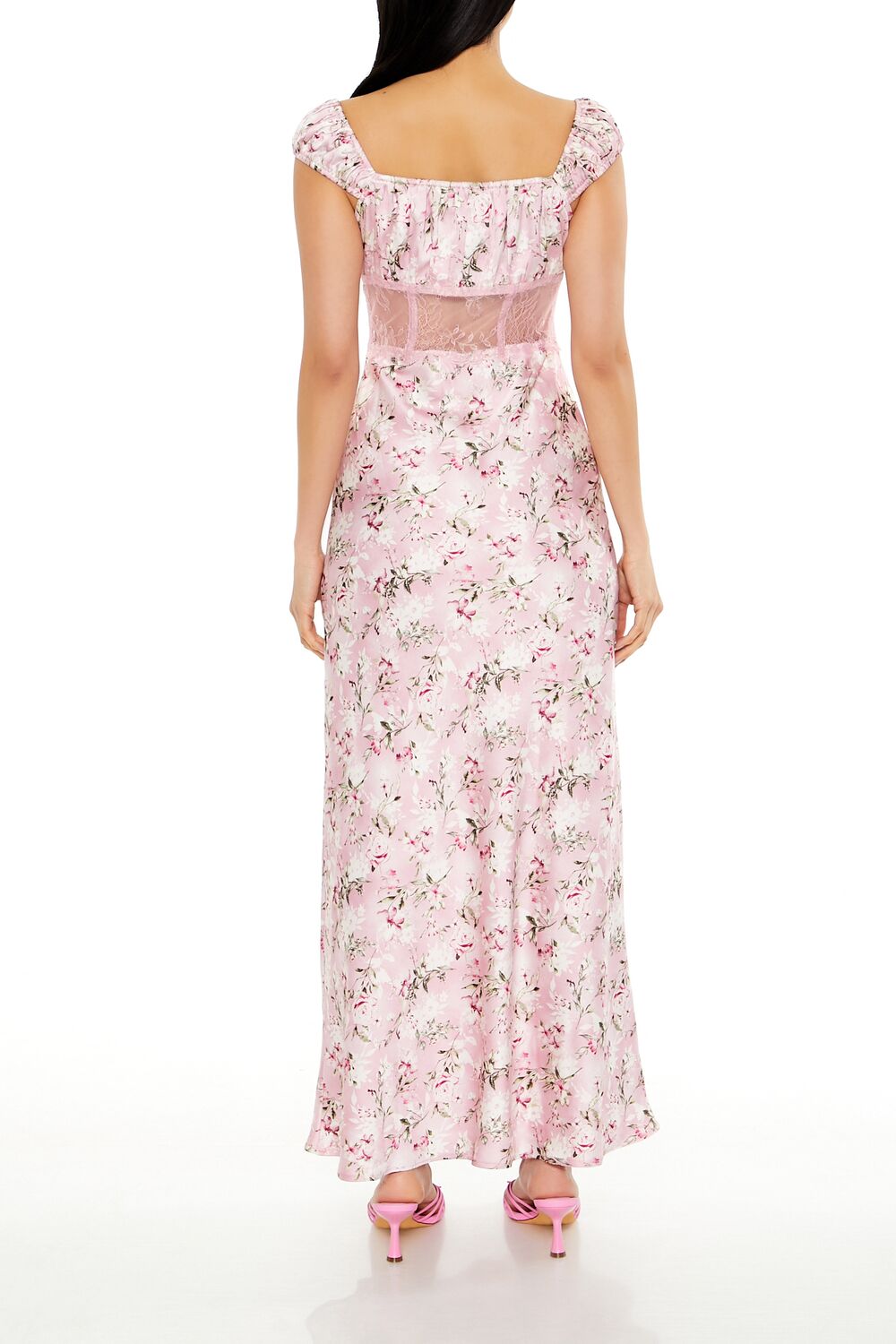  Forever 21 Lace-Trim Satin Floral Maxi Dress - pink-multi - Bonton