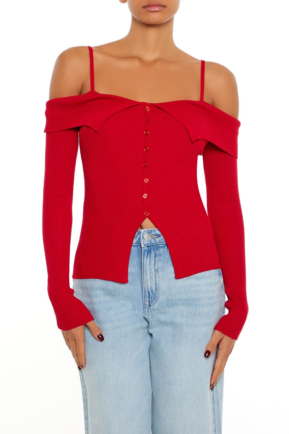  Forever 21 Open-Shoulder Sweater-Knit Top - red - Bonton