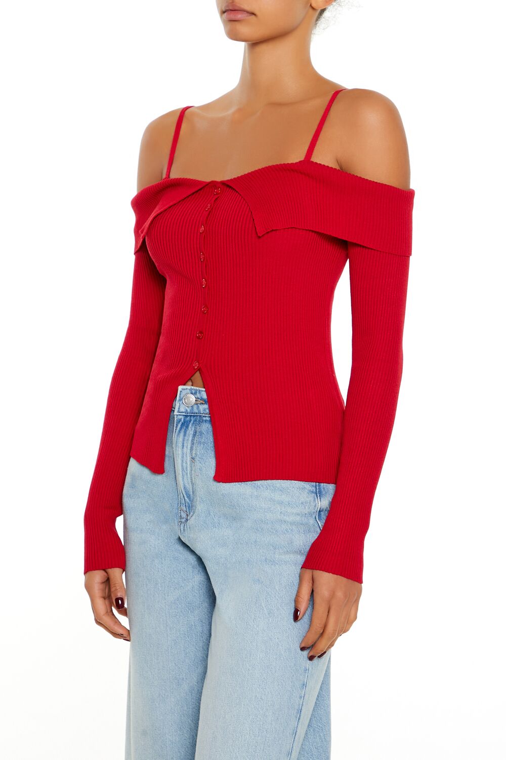  Forever 21 Open-Shoulder Sweater-Knit Top - red - Bonton