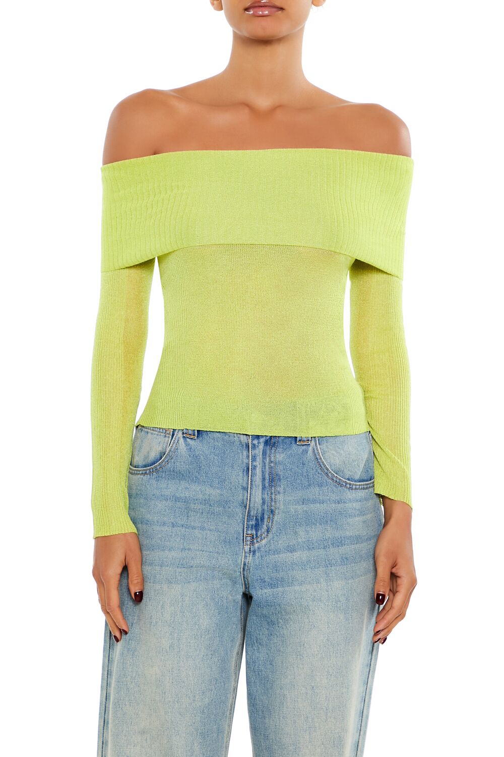  Forever 21 Foldover Off-the-Shoulder Sweater - pale green - Bonton