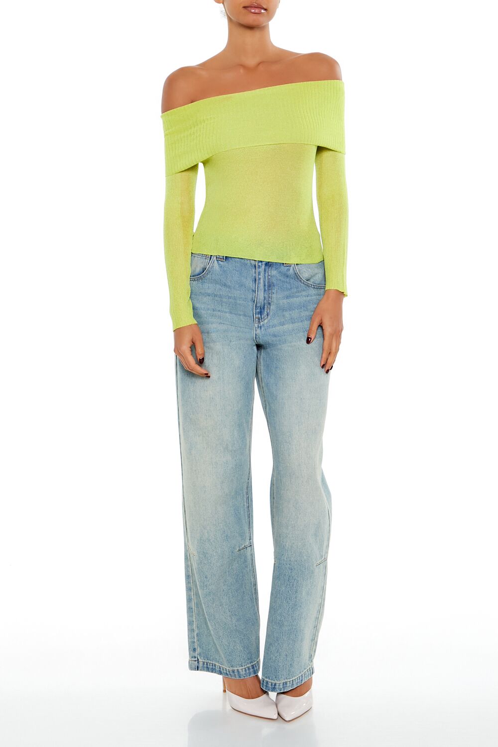  Forever 21 Foldover Off-the-Shoulder Sweater - pale green - Bonton