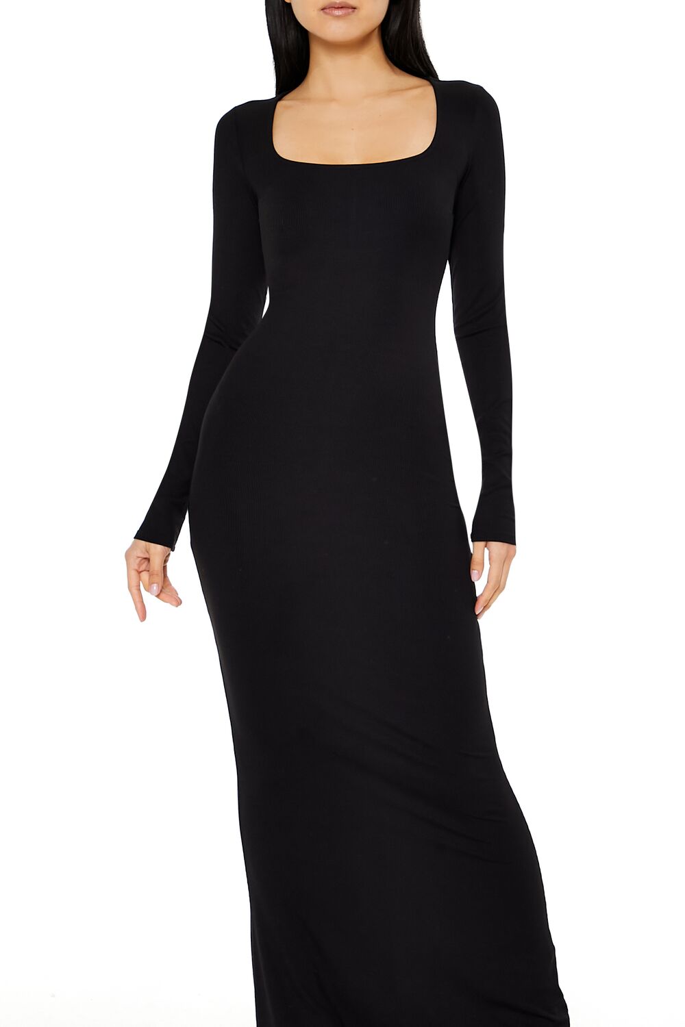 Forever 21 Ribbed Knit Square-Neck Maxi Dress - black-swatch - Bonton