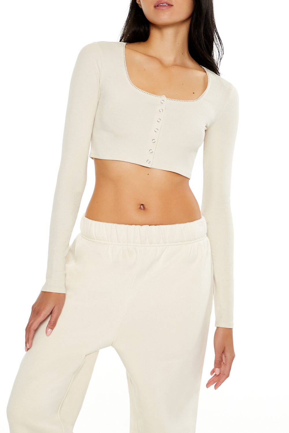  Forever 21 Square-Neck Cropped Henley Tee - birch - Bonton