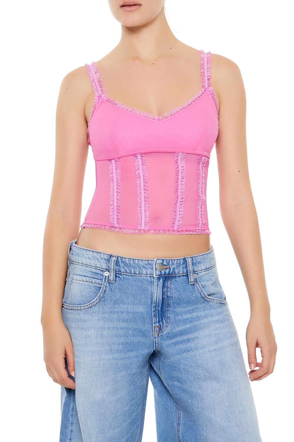  Forever 21 Mesh Ruffle-Trim Cropped Cami - azalea - Bonton