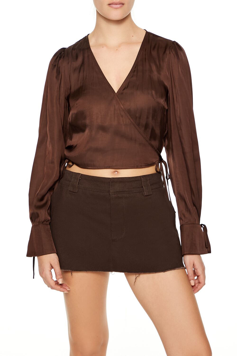  Forever 21 Tie-Front Wrap Crop Top - turkish coffee - Bonton