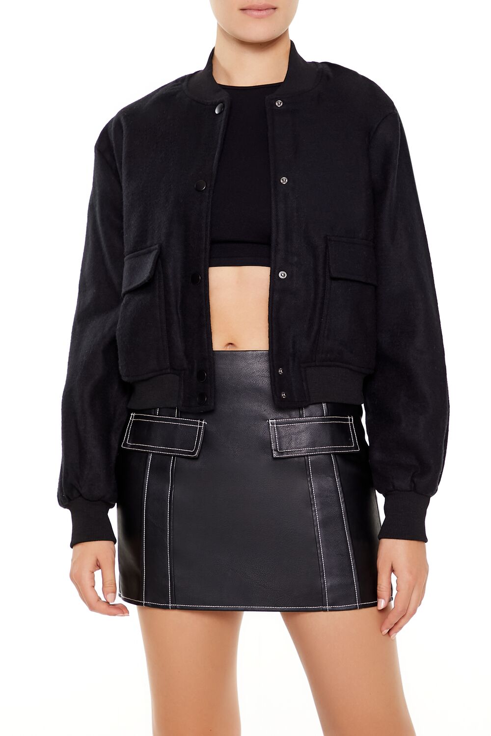  Forever 21 Button-Front Bomber Jacket - black-swatch - Bonton