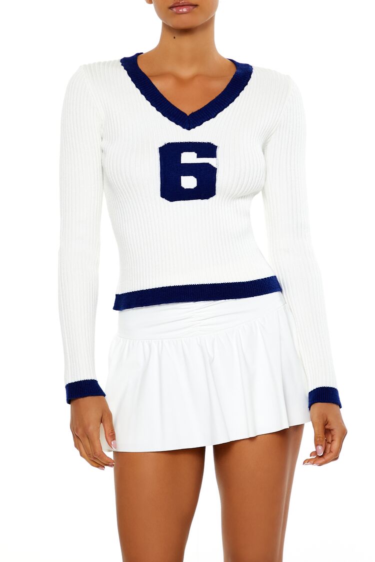  Forever 21 6 Graphic V-Neck Sweater - white blue - Bonton