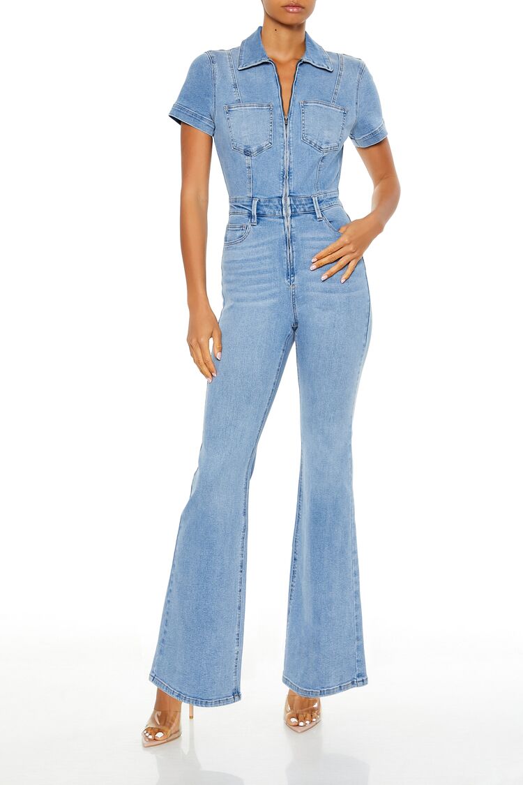  Forever 21 Denim Zip-Up Flare Jumpsuit - medium-denim - Bonton