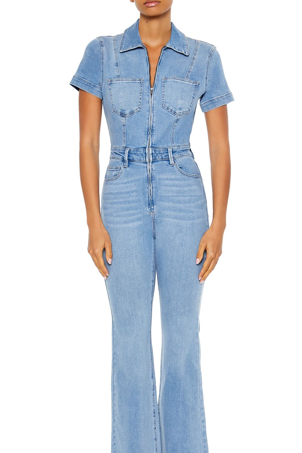  Forever 21 Denim Zip-Up Flare Jumpsuit - medium-denim - Bonton