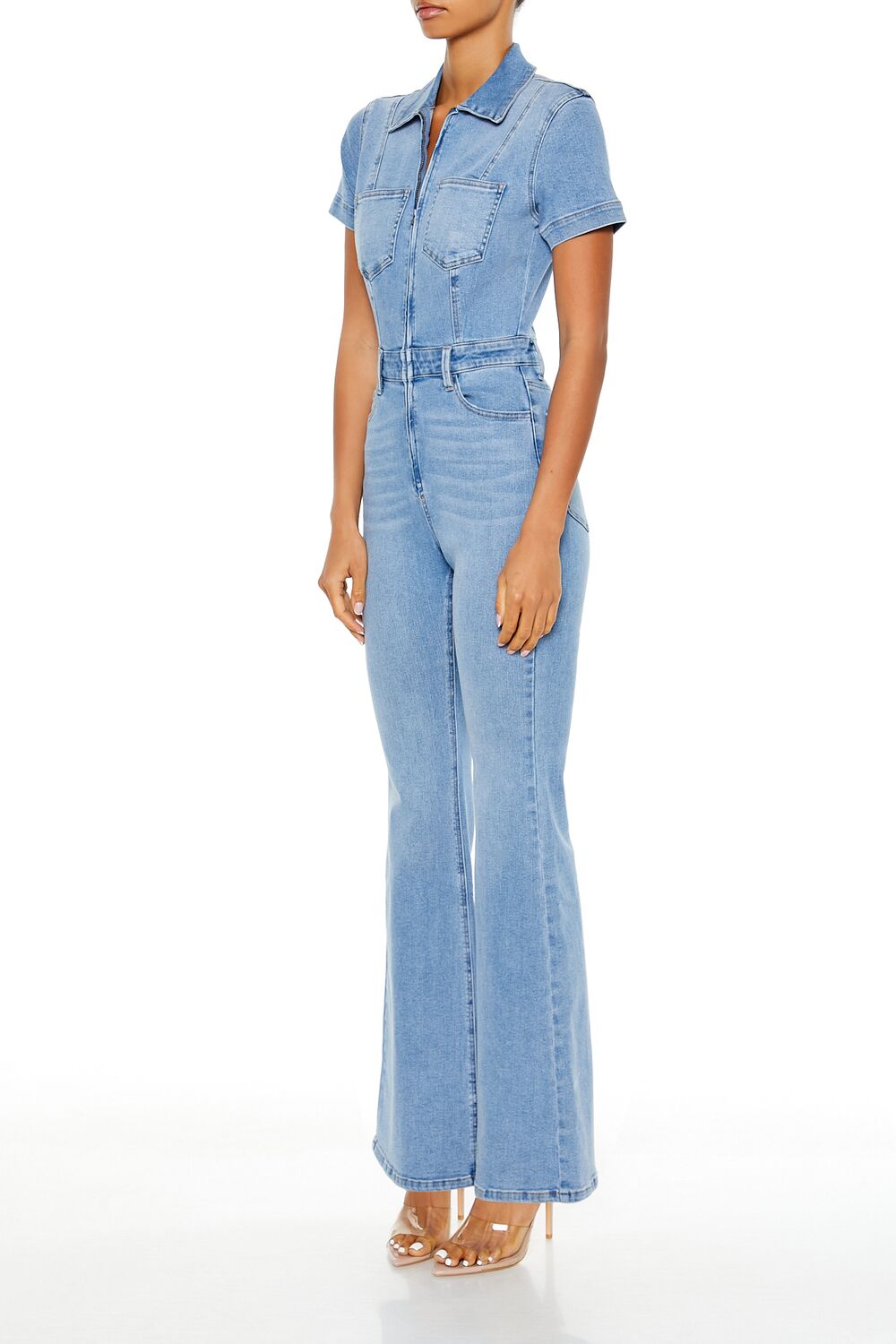  Forever 21 Denim Zip-Up Flare Jumpsuit - medium-denim - Bonton