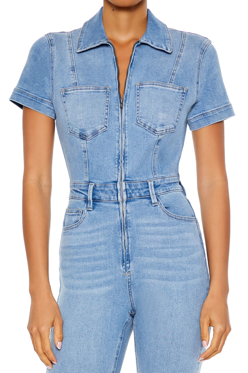  Forever 21 Denim Zip-Up Flare Jumpsuit - medium-denim - Bonton