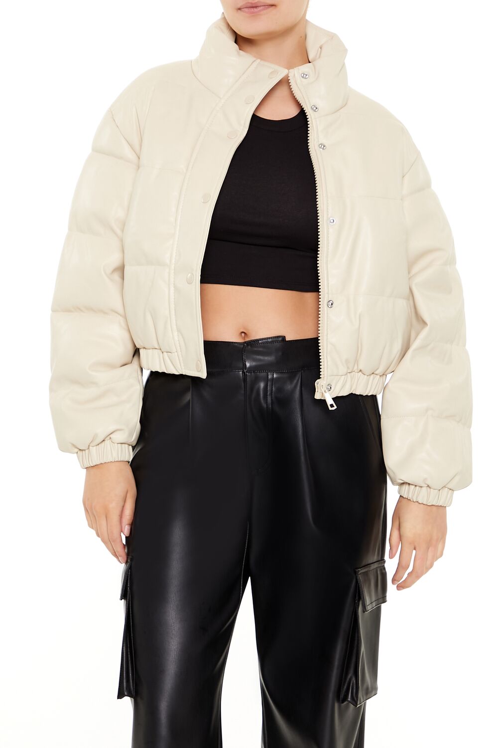  Forever 21 Quilted Faux Leather Bomber Jacket - beige-swatch - Bonton