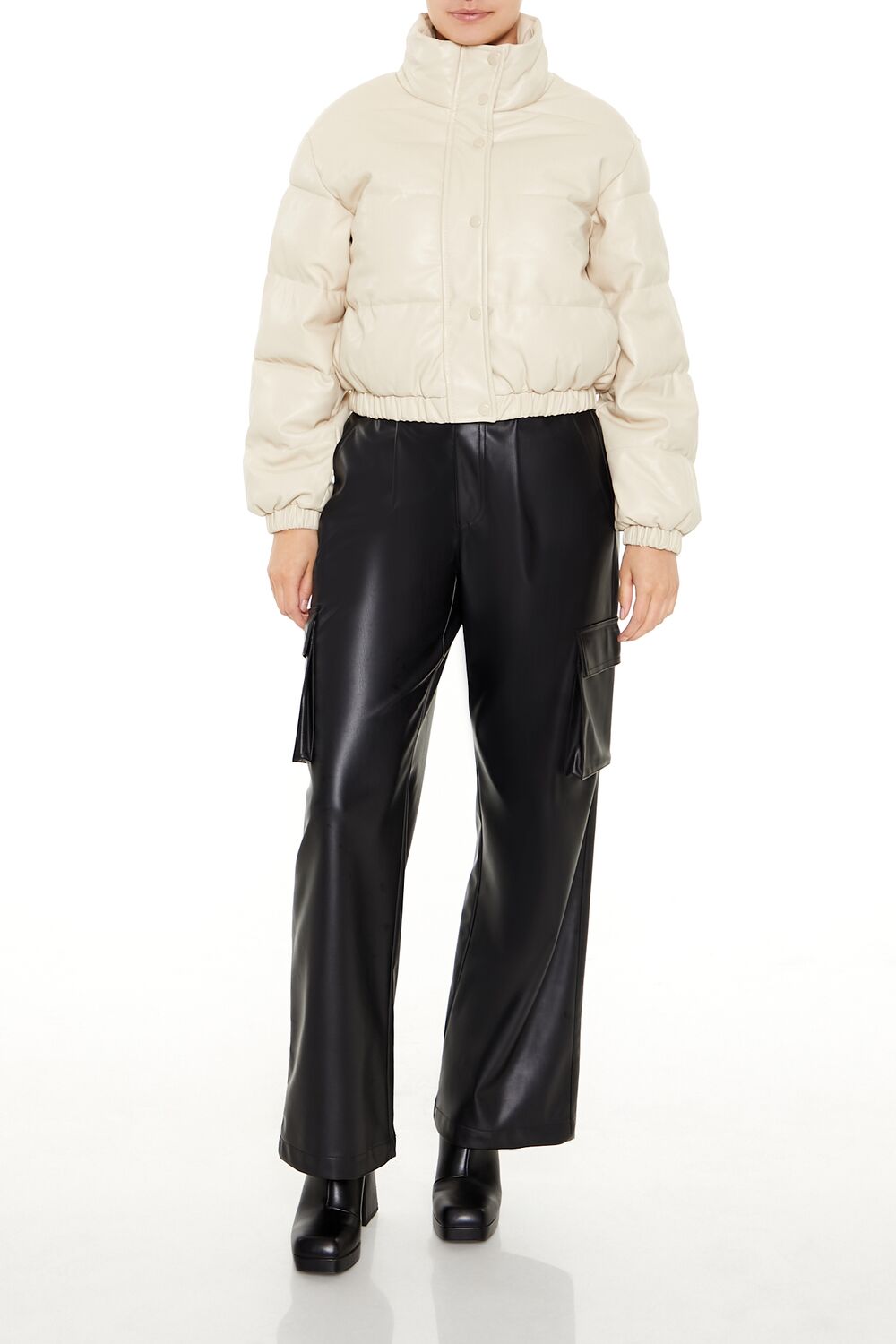  Forever 21 Quilted Faux Leather Bomber Jacket - beige-swatch - Bonton