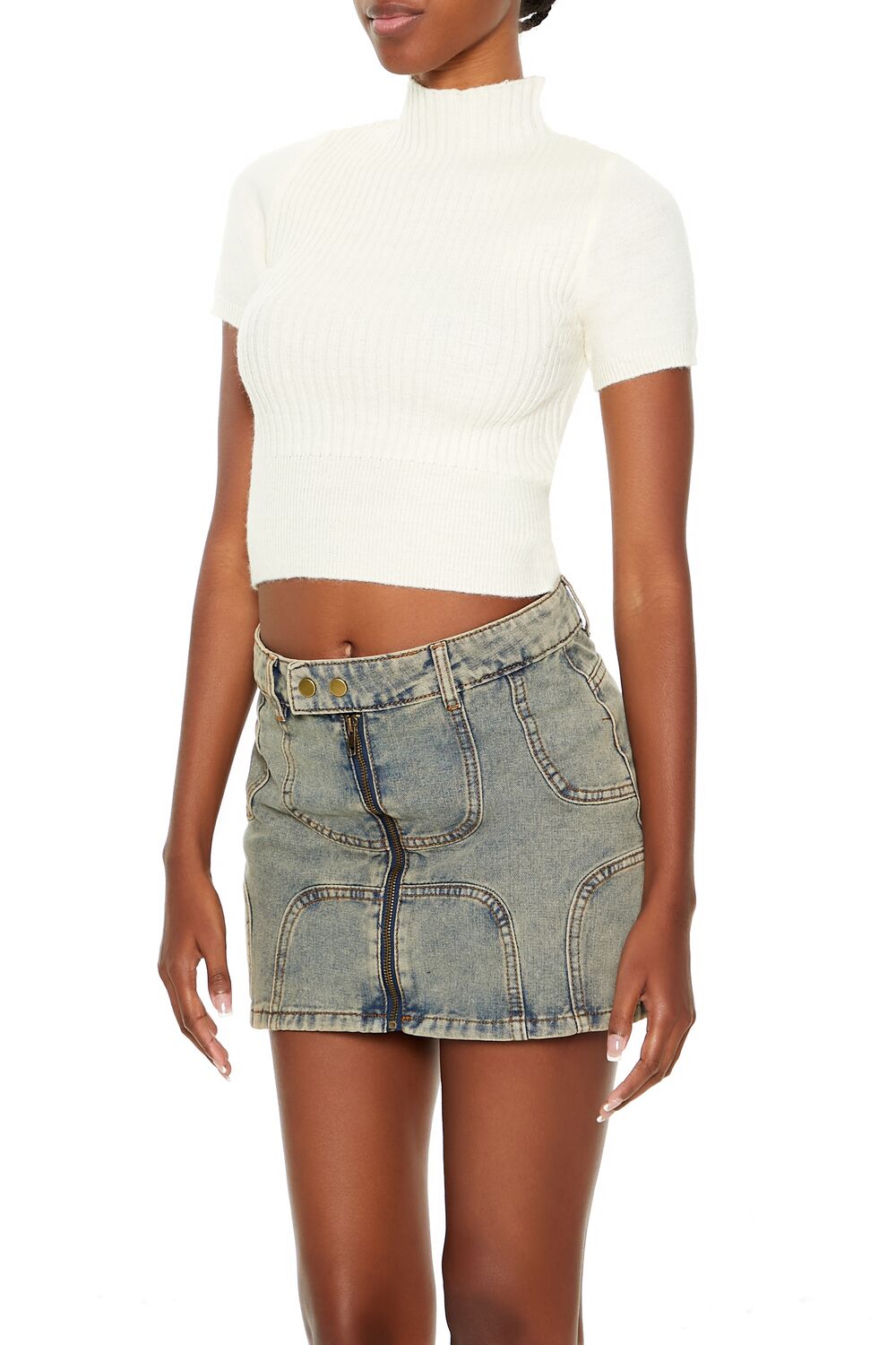  Forever 21 Sweater-Knit Mock Neck Crop Top - cream - Bonton