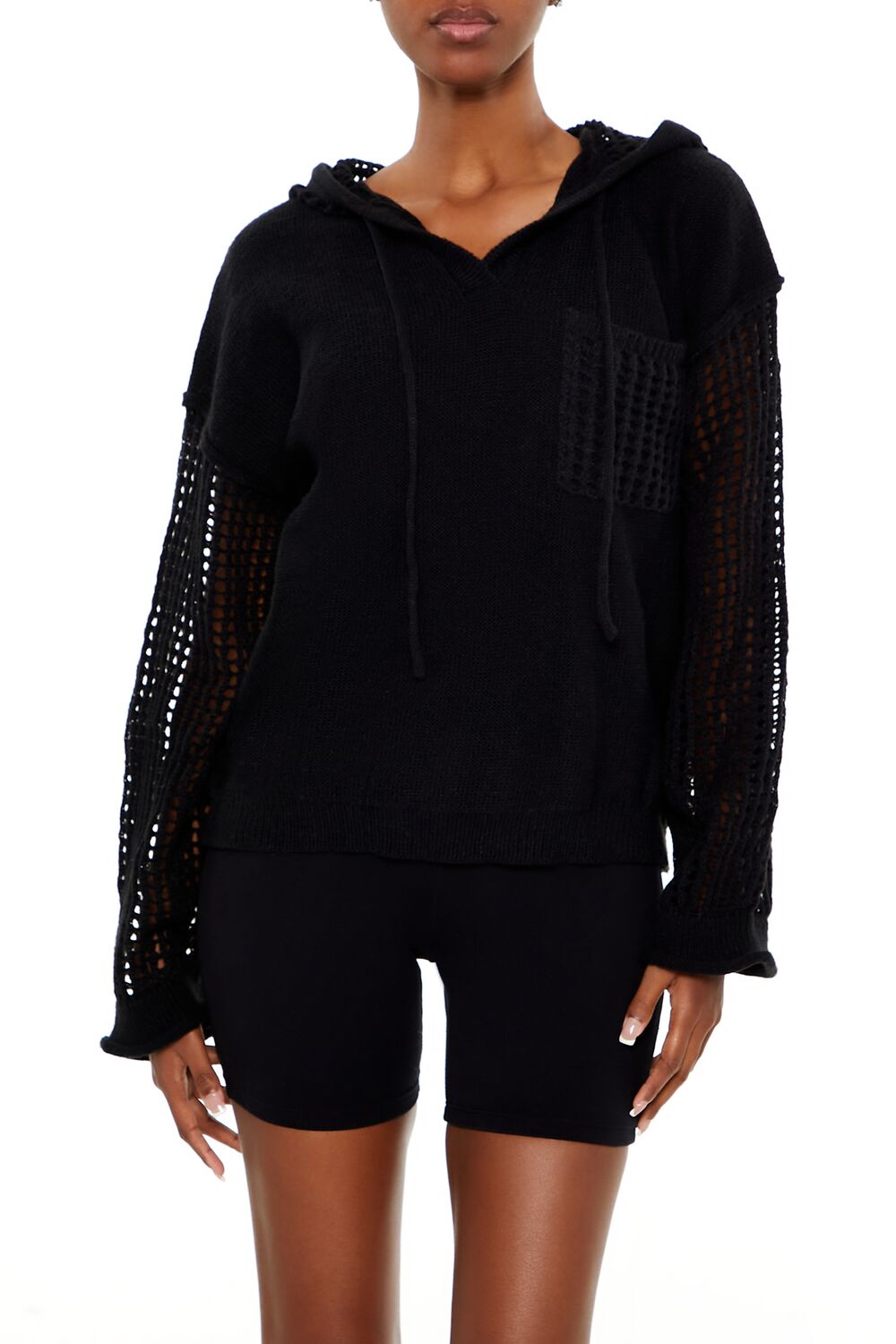  Forever 21 Open-Knit Netted Hoodie - black - Bonton