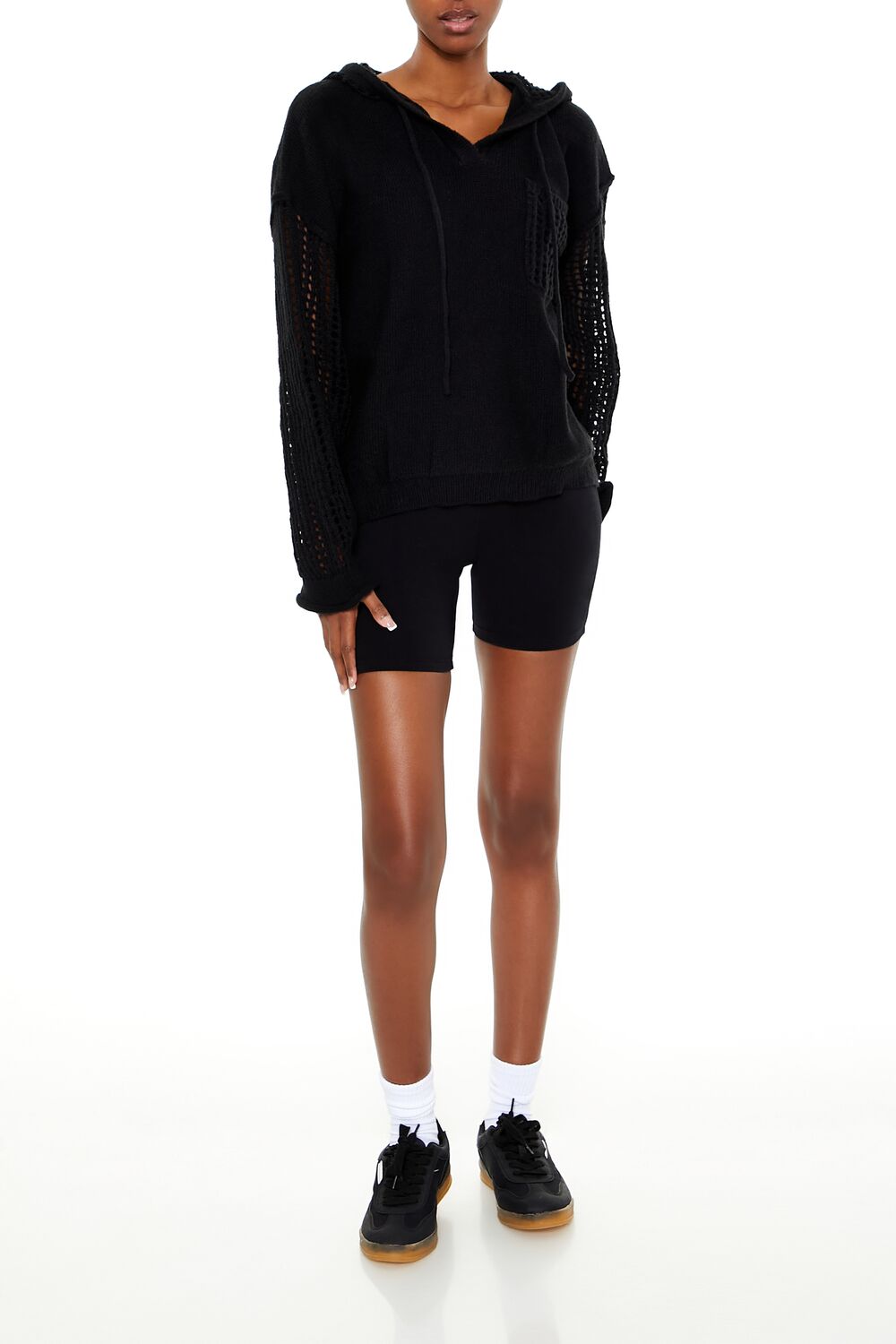  Forever 21 Open-Knit Netted Hoodie - black - Bonton