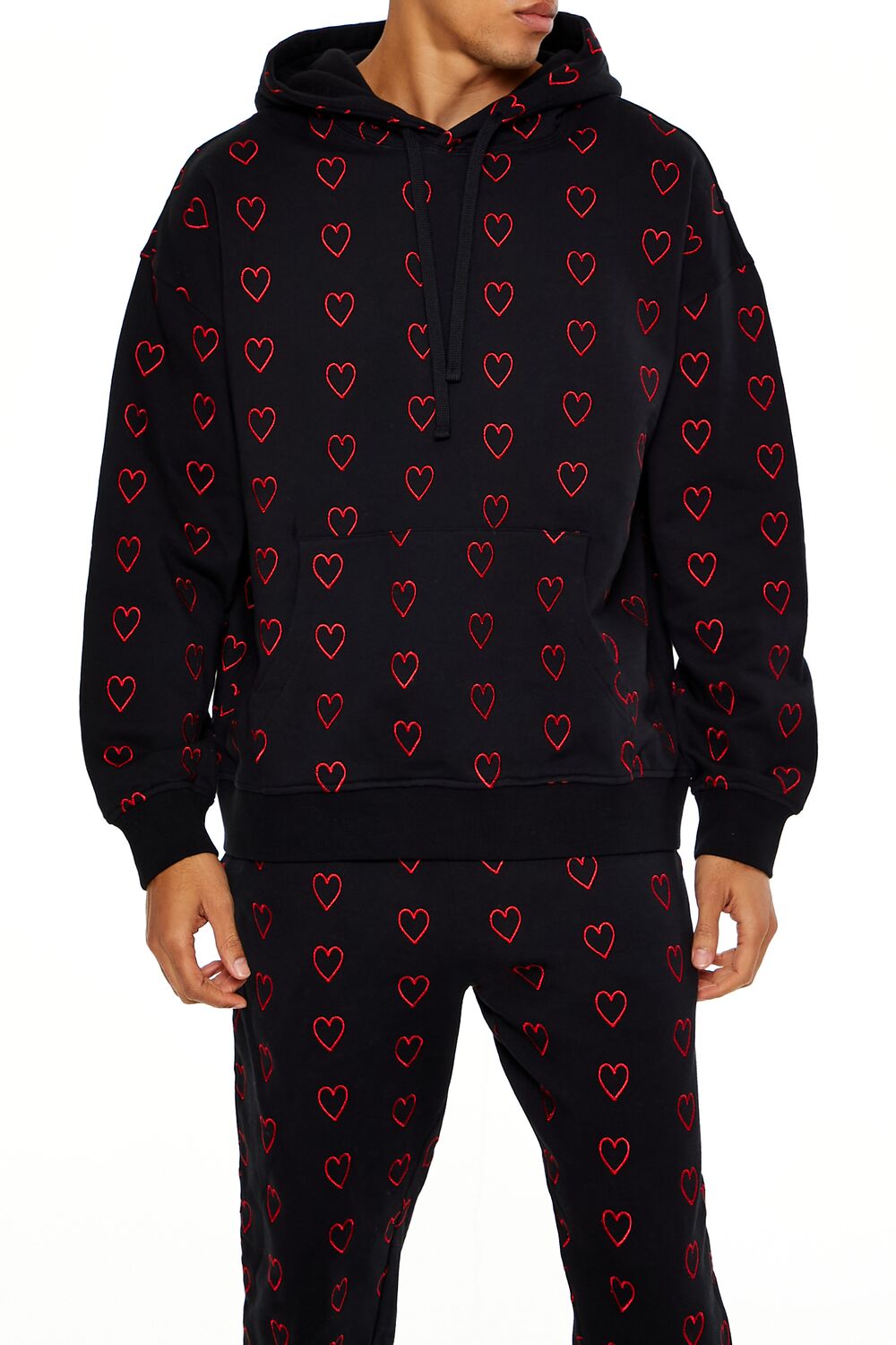 Forever 21 Heart Embroidered Drawstring Hoodie - black red - Bonton