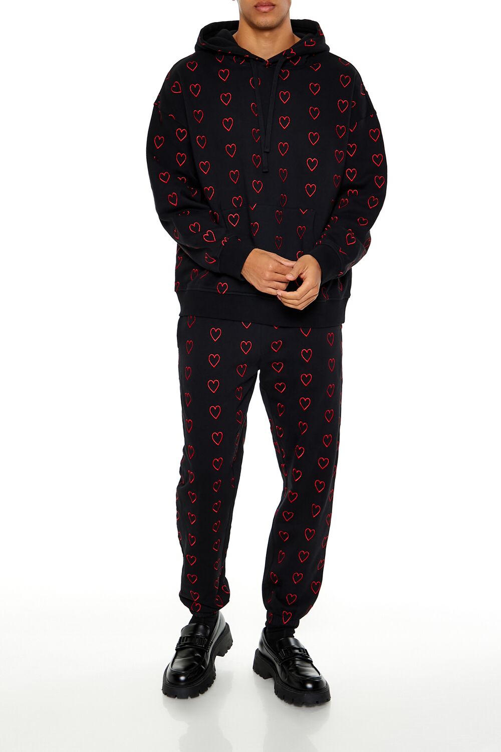  Forever 21 Heart Embroidered Drawstring Hoodie - black red - Bonton