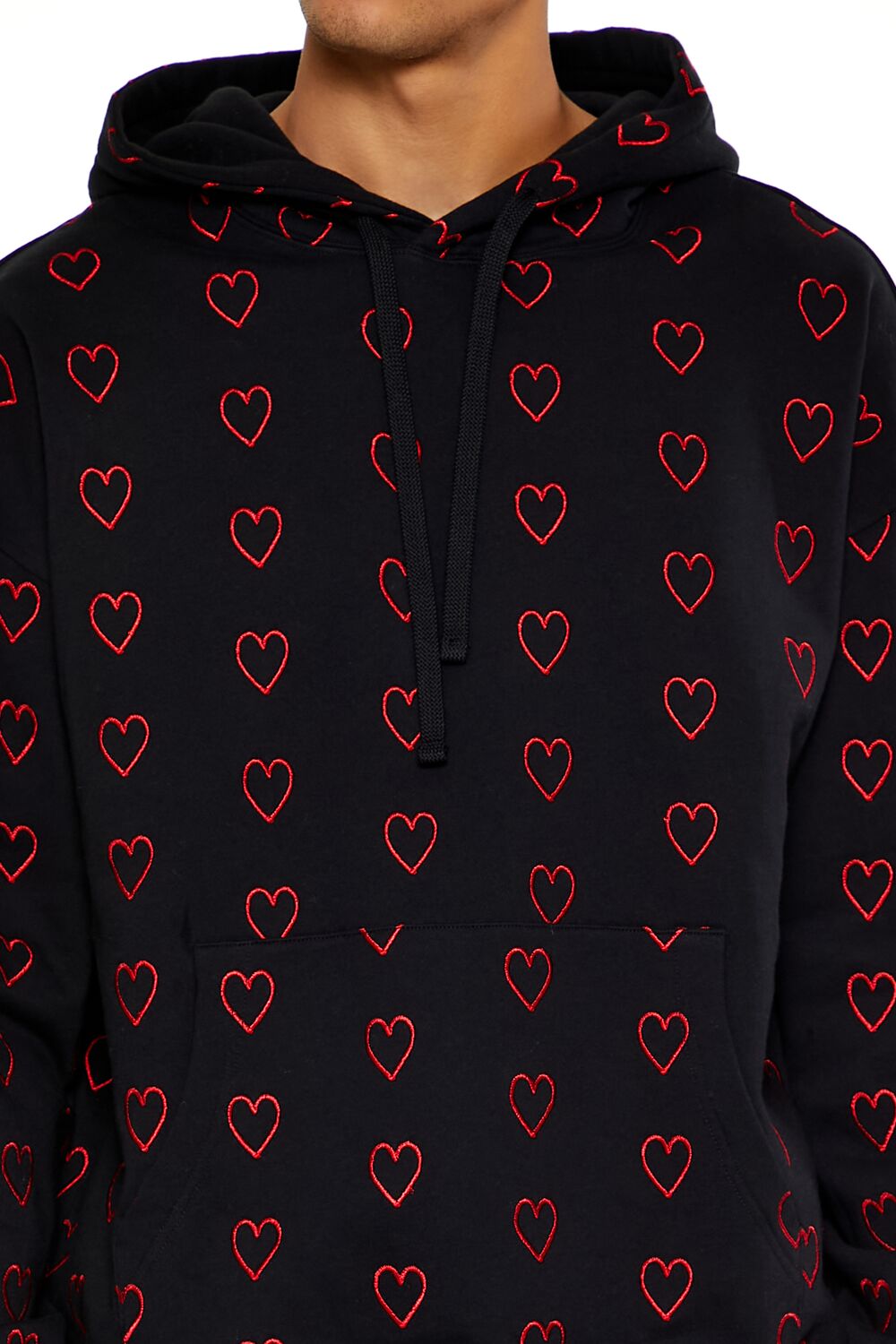  Forever 21 Heart Embroidered Drawstring Hoodie - black red - Bonton