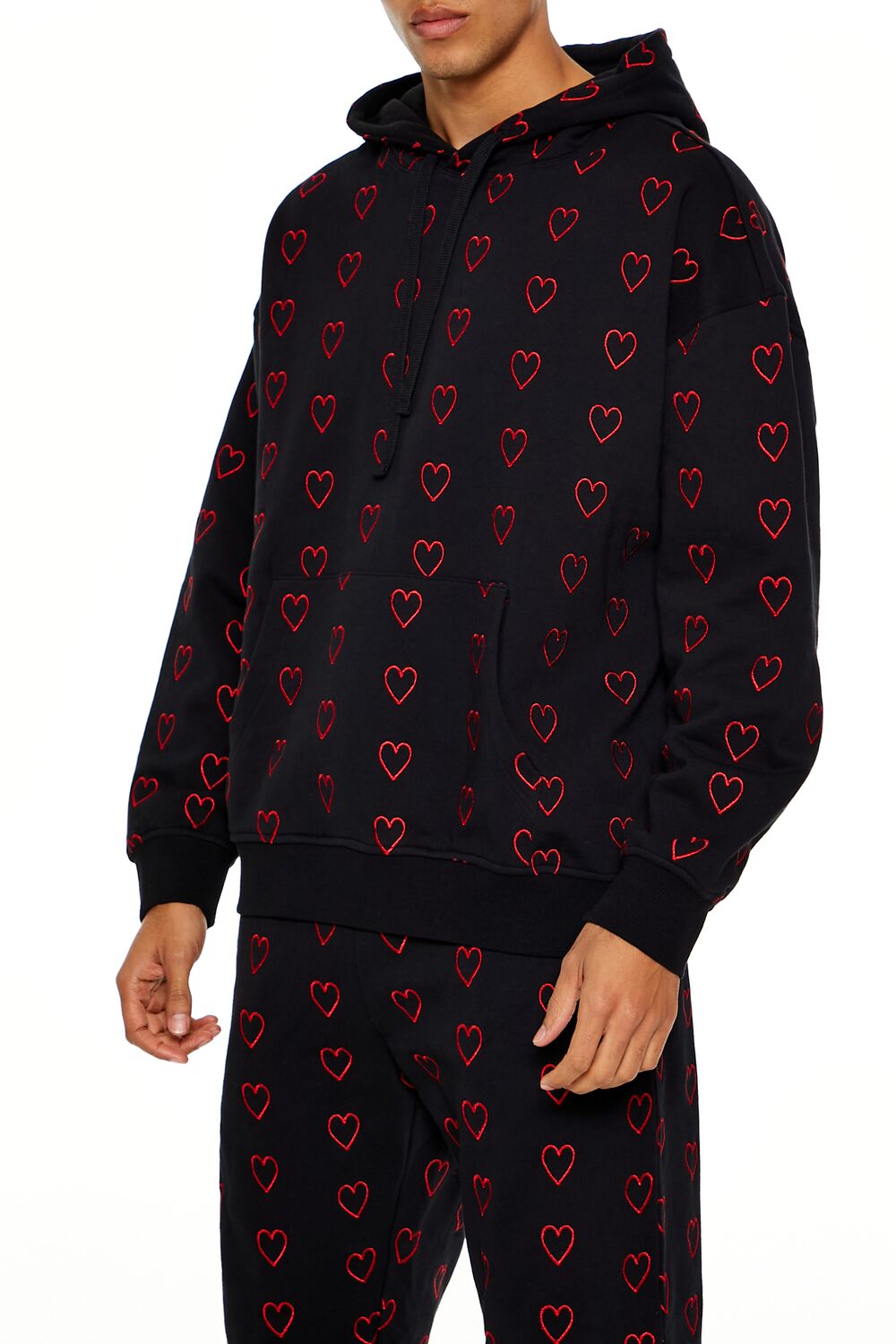  Forever 21 Heart Embroidered Drawstring Hoodie - black red - Bonton