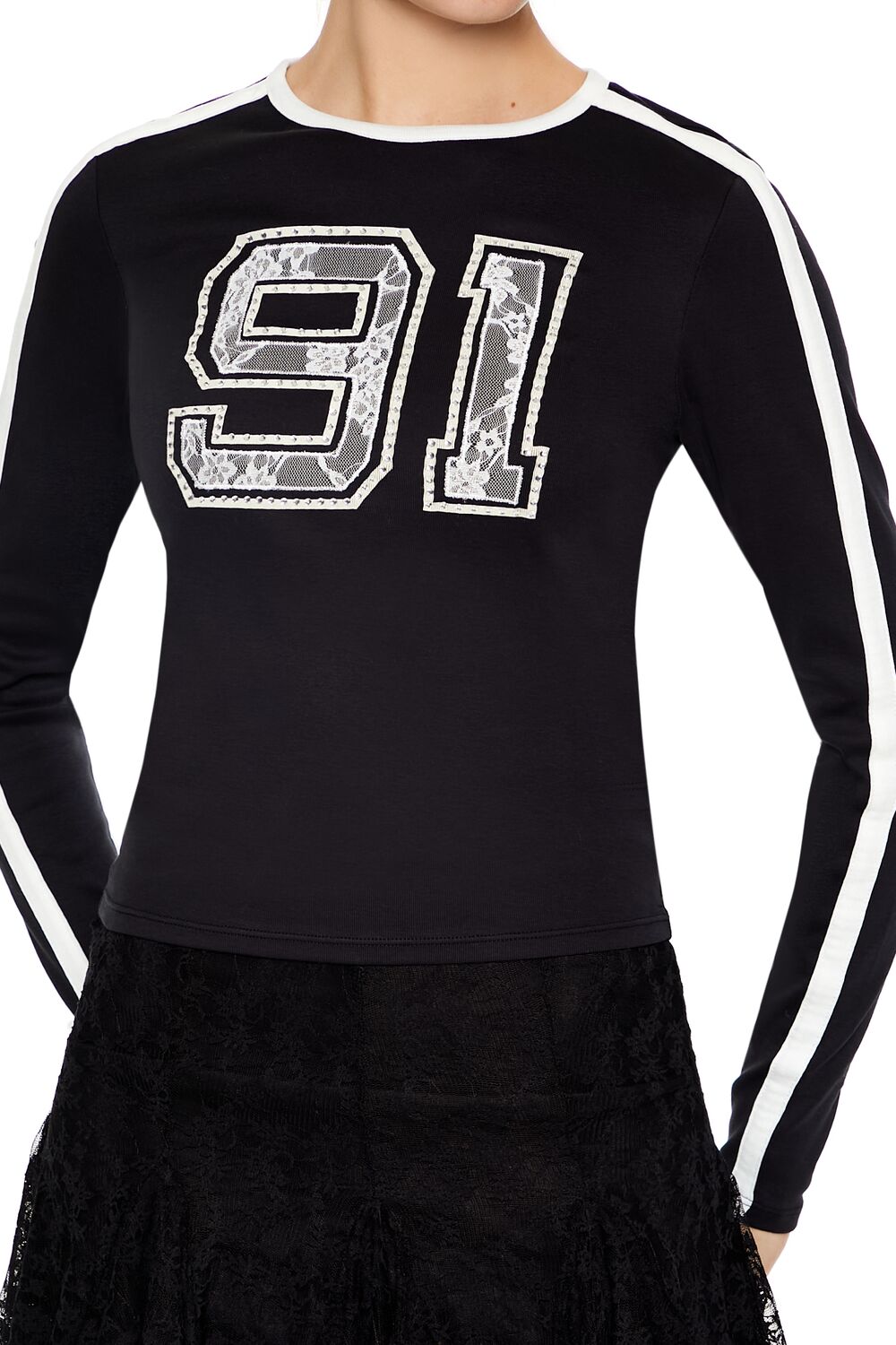  Forever 21 Rhinestone Lace 91 Tee - black multi - Bonton