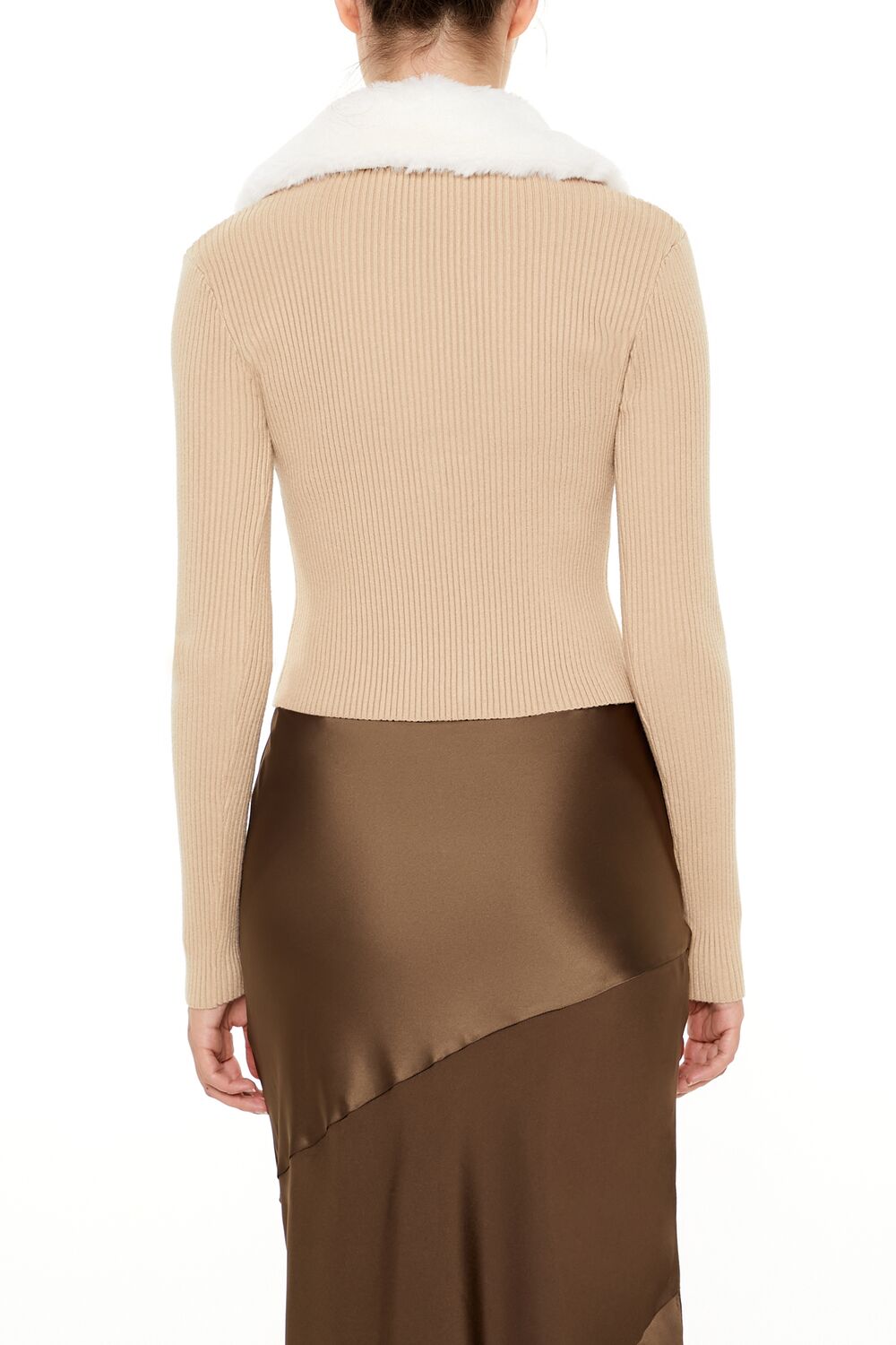  Forever 21 Faux Fur-Trim Cardigan Sweater - tan white - Bonton