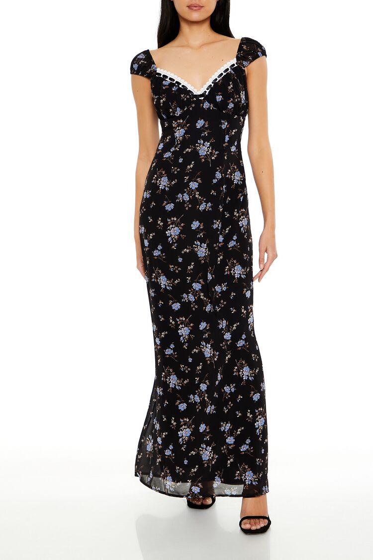  Forever 21 Floral Sweetheart Maxi Dress - black-multi - Bonton