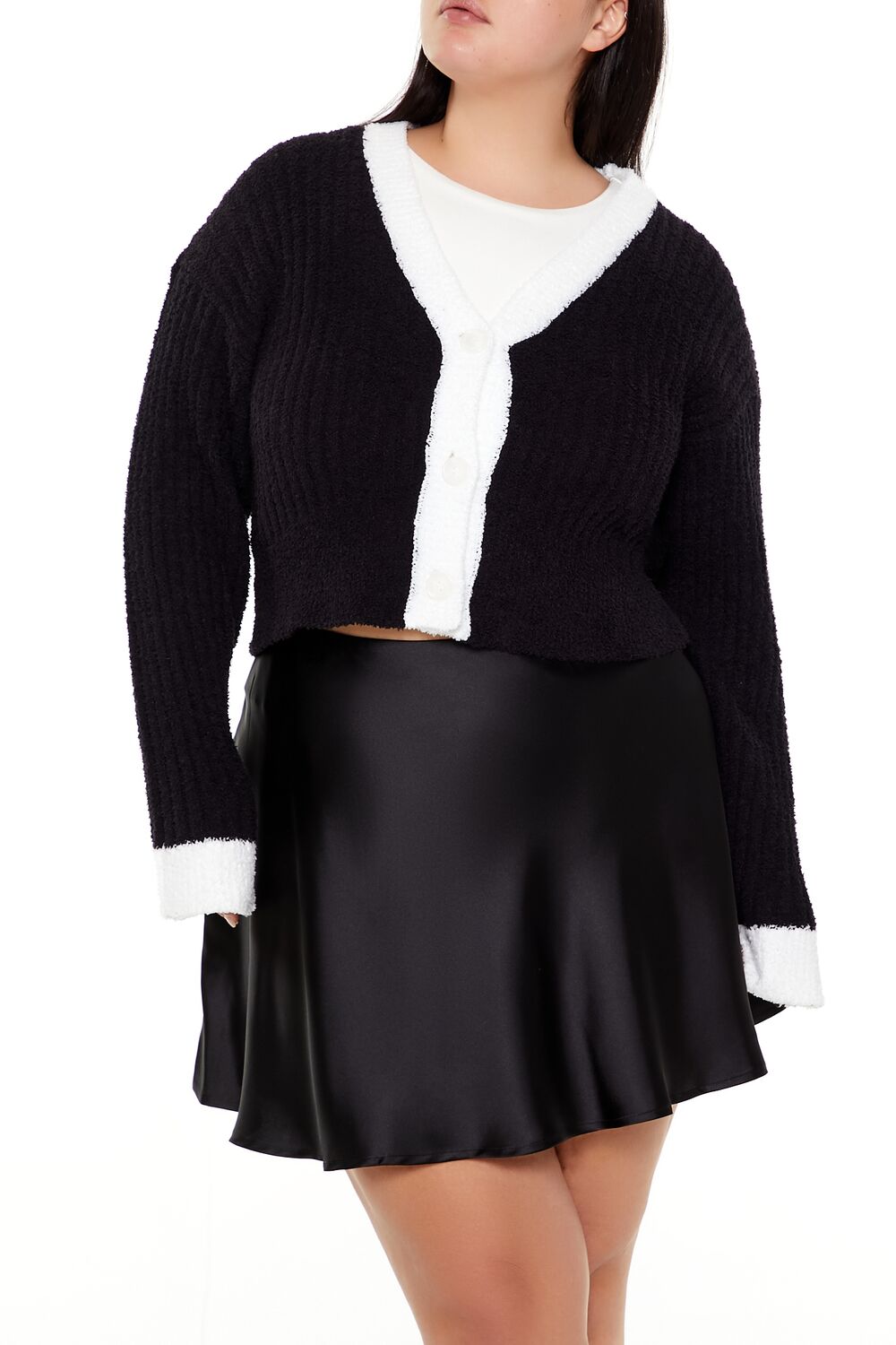  Forever 21 Plus Size Two-Tone Cardigan Sweater - black white - Bonton