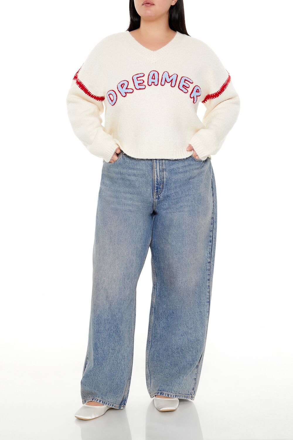  Forever 21 Plus Size Dreamer Fuzzy Knit Sweater - cream multi - Bonton