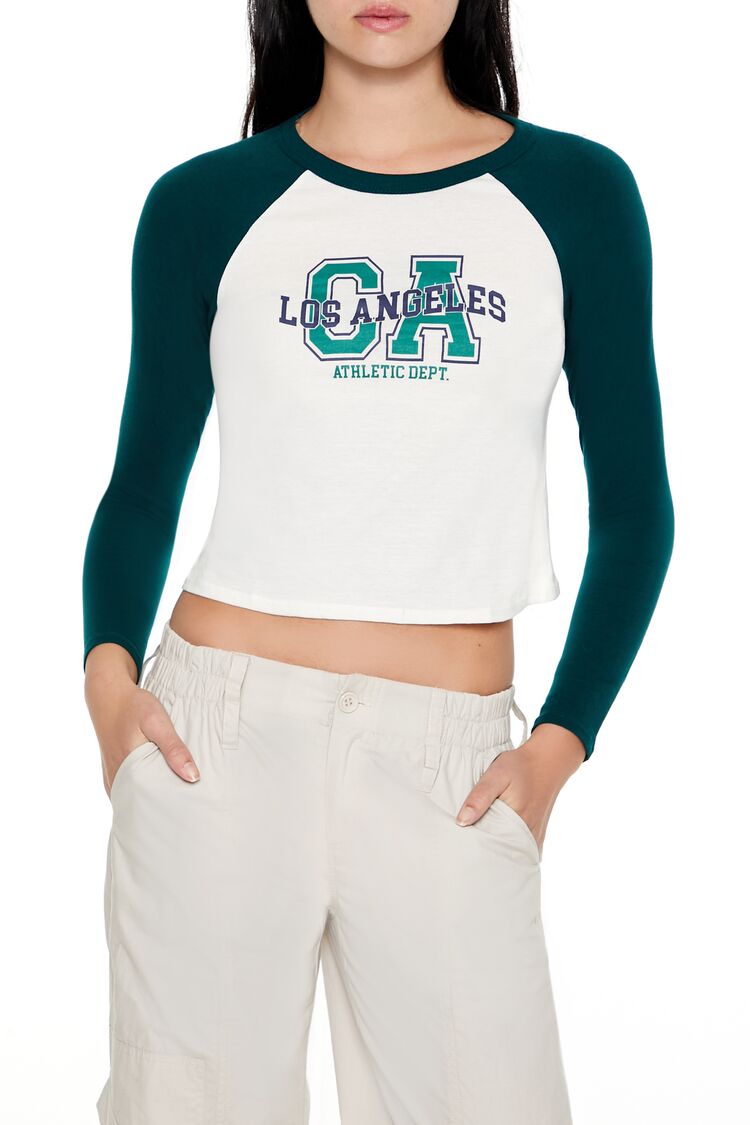  Forever 21 Los Angeles Cropped Raglan Tee - green multi - Bonton