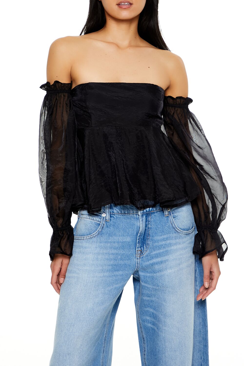  Forever 21 Chiffon Off-the-Shoulder Top - black - Bonton