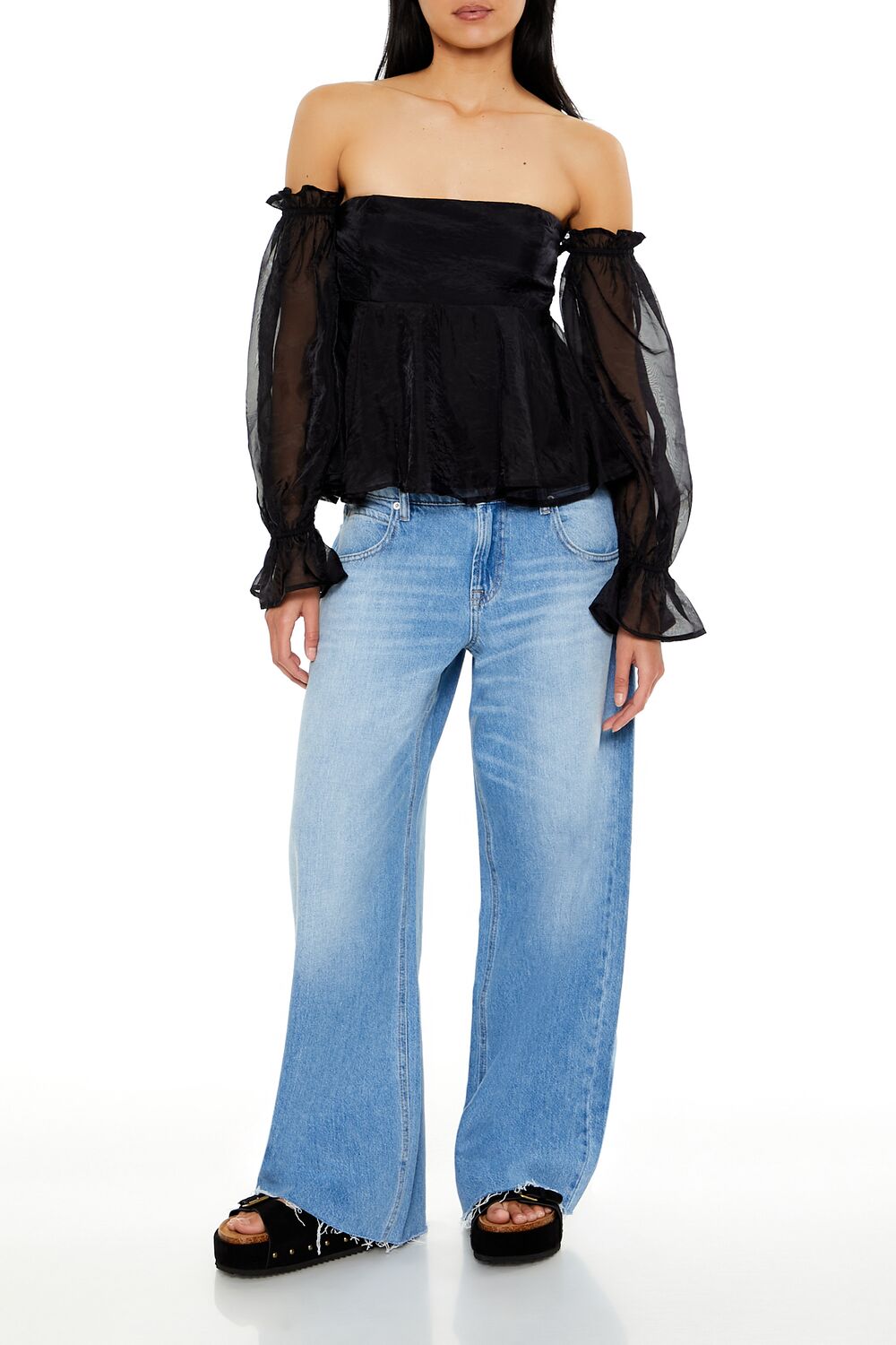  Forever 21 Chiffon Off-the-Shoulder Top - black - Bonton