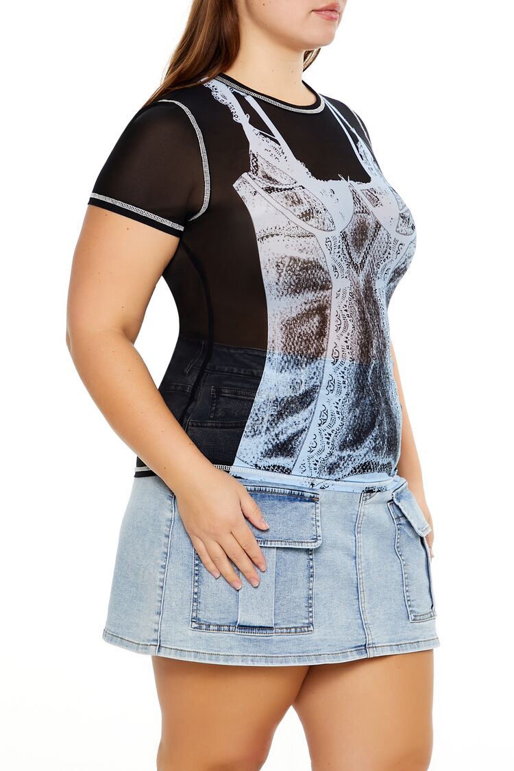  Forever 21 Plus Size Bustier Graphic Baby Tee - black multi - Bonton