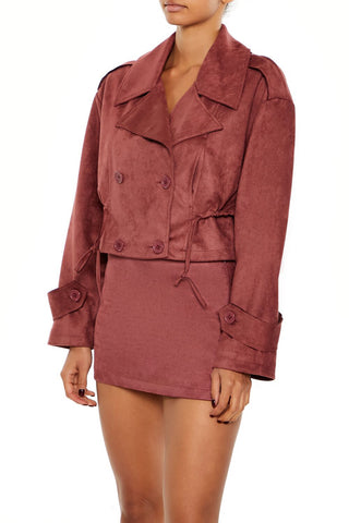 Faux Suede Cropped Trench Coat