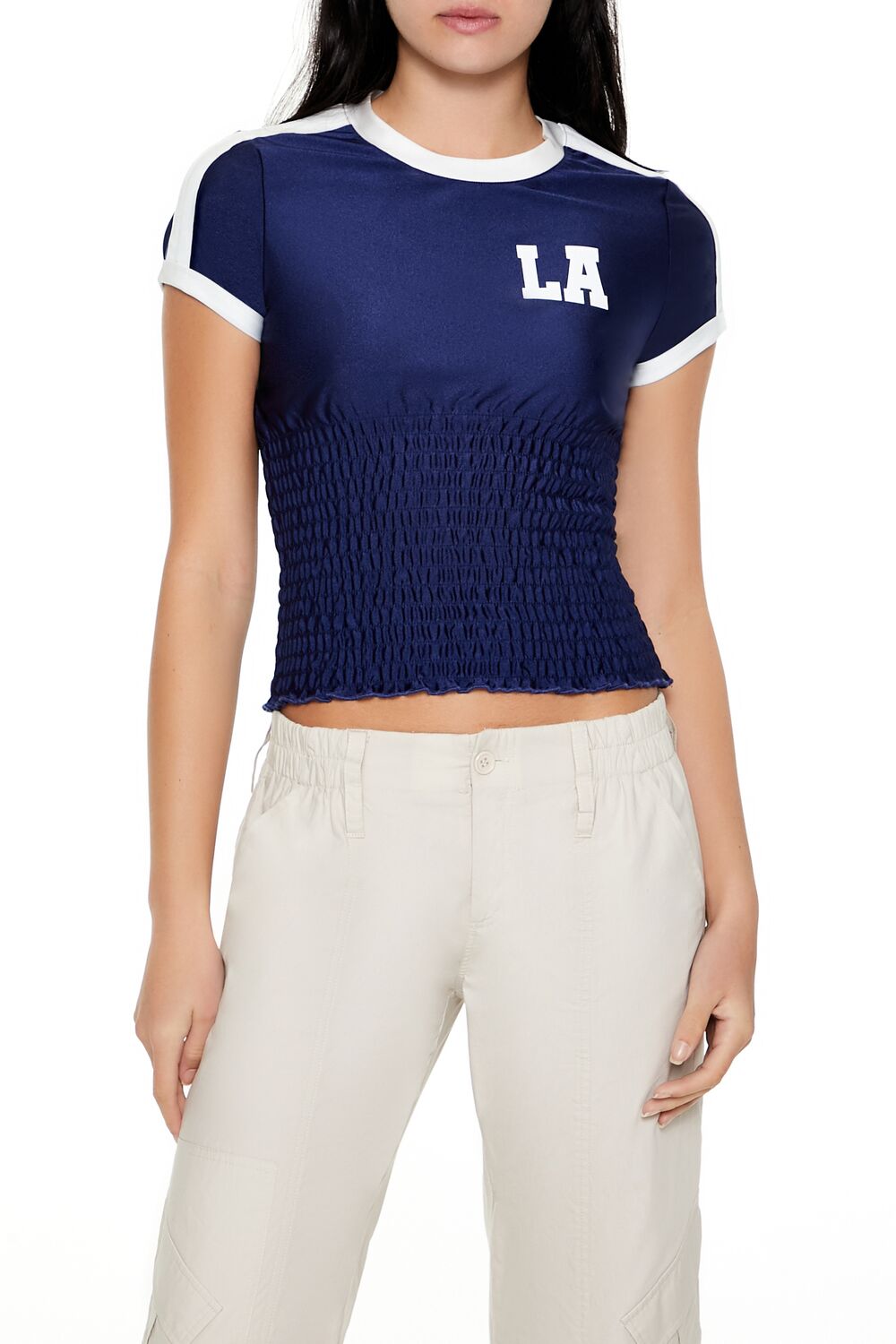  Forever 21 Smocked Ringer LA Cropped Tee - navy white - Bonton