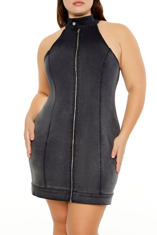 Plus Size Denim Zip-Up Mini Dress