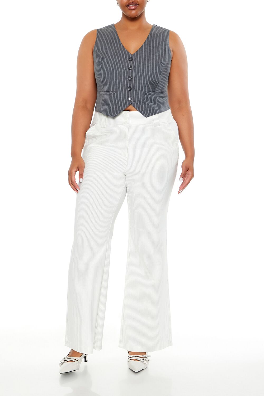  Forever 21 Plus Size High-Rise Trouser Pants - white-black - Bonton