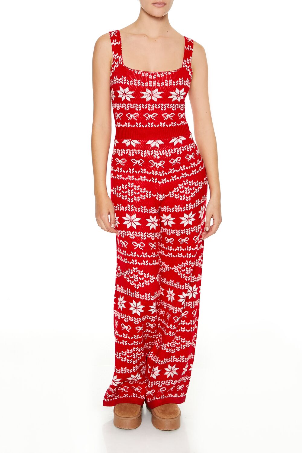  Forever 21 Fair Isle Sweater-Knit Jumpsuit - red-multi - Bonton