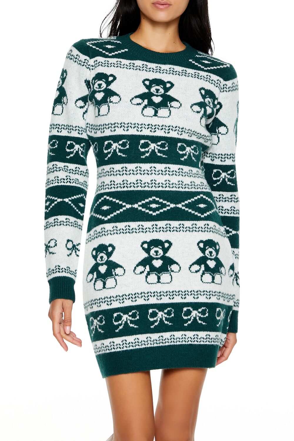  Forever 21 Fair Isle Mini Sweater Dress - green-white-swatch - Bonton