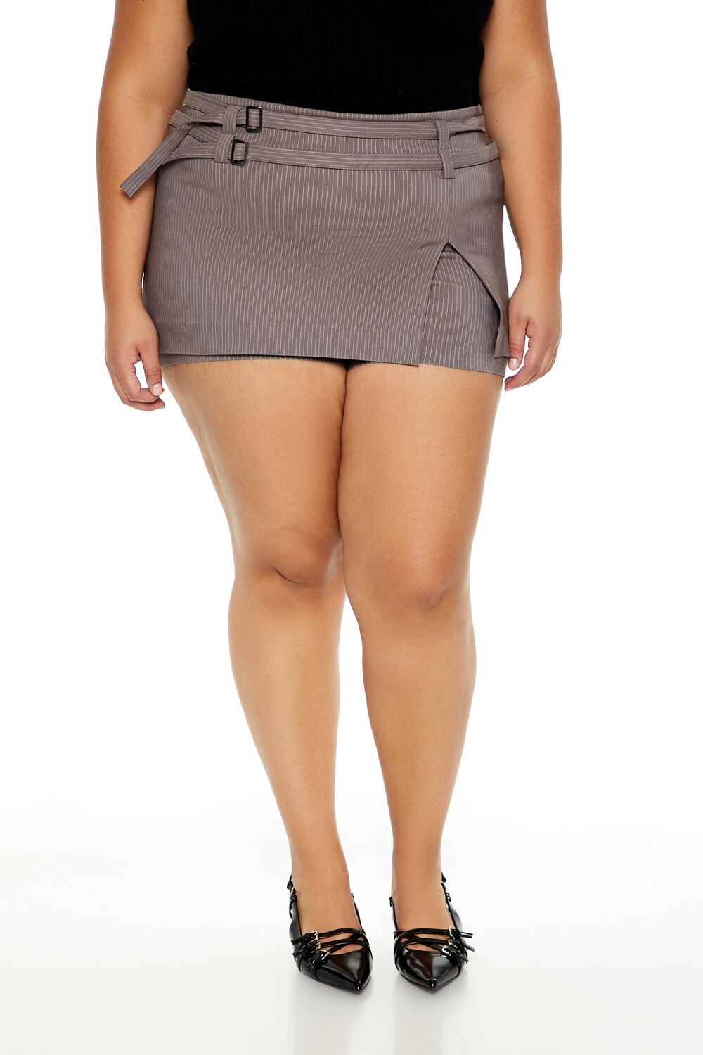 Forever 21 Plus Size Pinstriped Micro Mini Skort - grey-white - Bonton