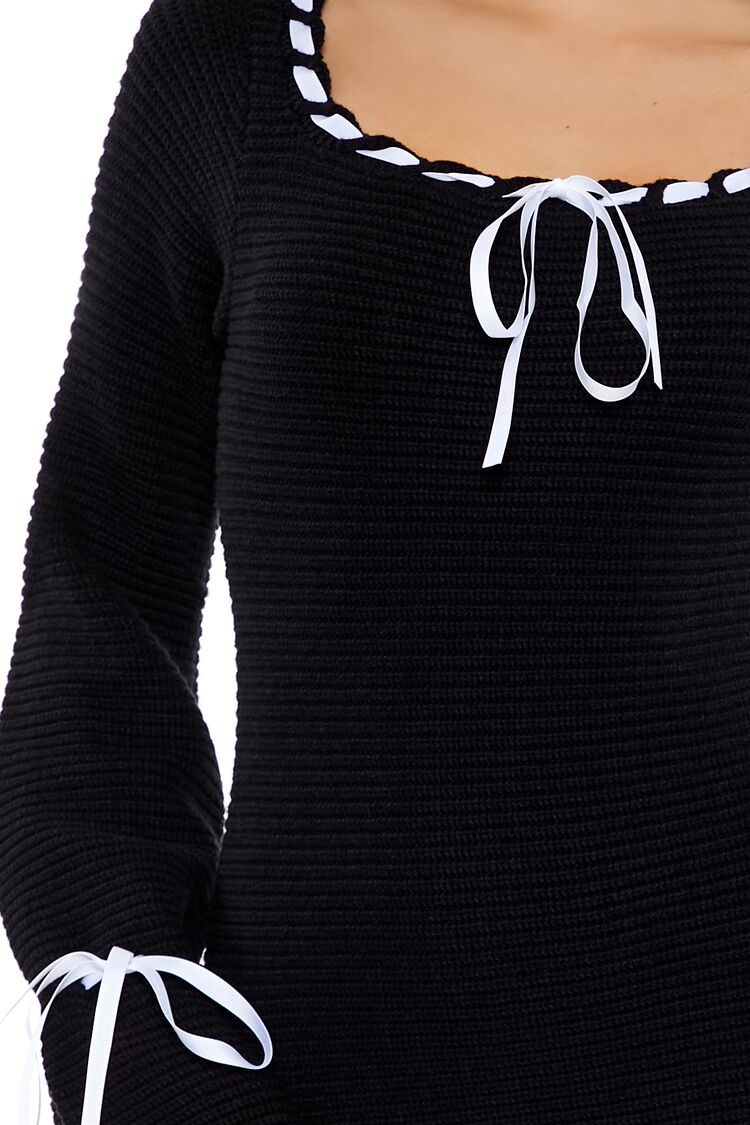  Forever 21 Ribbon-Trim Mini Sweater Dress - black-ivory-swatch - Bonton
